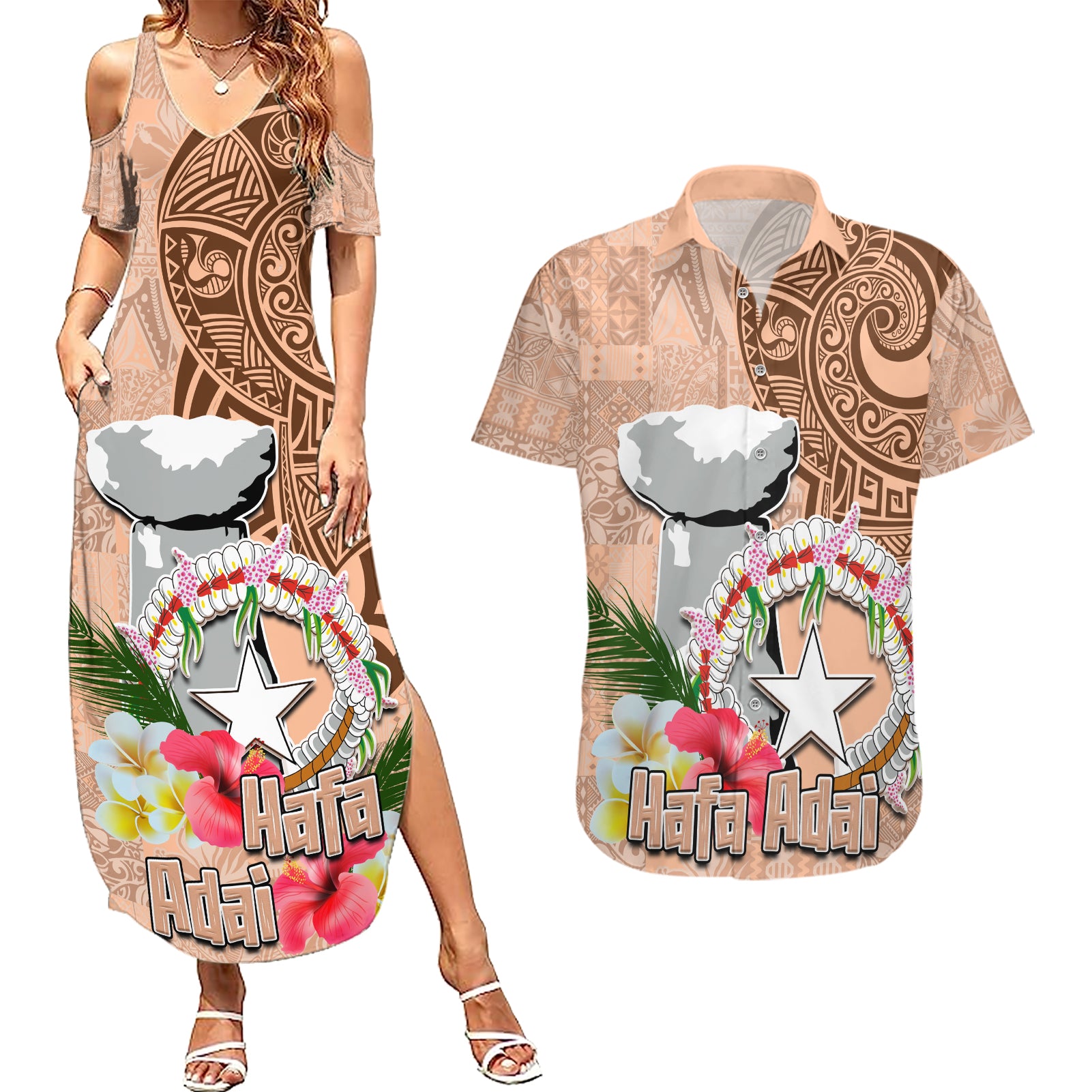 Northern Mariana Islands Hafa Adai Latte Stone Couples Matching Summer Maxi Dress and Hawaiian Shirt Peach Fuzz Color LT03 Peach Fuzz Color - Polynesian Pride