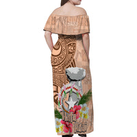 Northern Mariana Islands Hafa Adai Latte Stone Family Matching Off Shoulder Maxi Dress and Hawaiian Shirt Peach Fuzz Color LT03 - Polynesian Pride