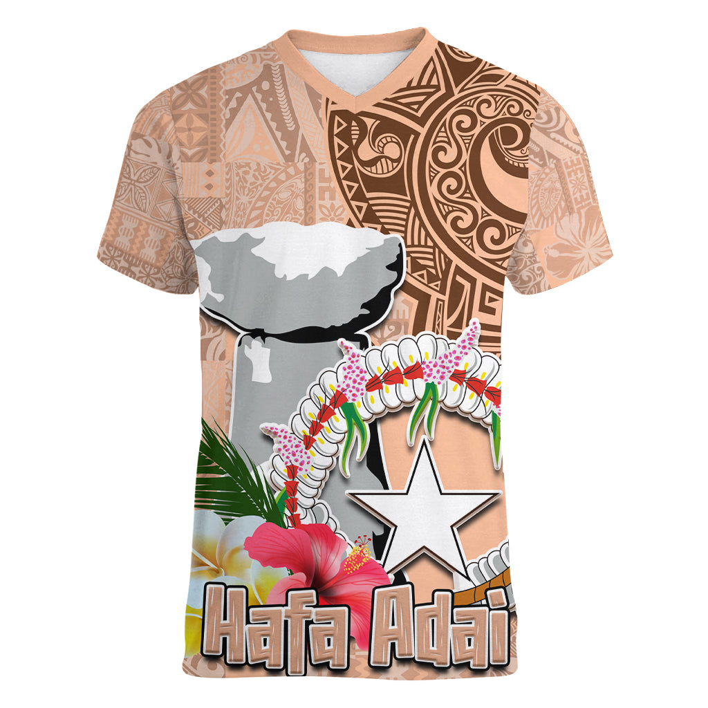 Northern Mariana Islands Hafa Adai Latte Stone Women V Neck T Shirt Peach Fuzz Color LT03 Female Peach Fuzz Color - Polynesian Pride