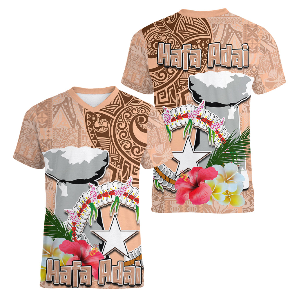 Northern Mariana Islands Hafa Adai Latte Stone Women V Neck T Shirt Peach Fuzz Color LT03 - Polynesian Pride