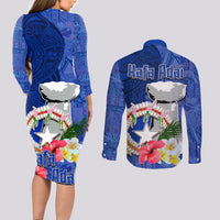 Northern Mariana Islands Hafa Adai Latte Stone Couples Matching Long Sleeve Bodycon Dress and Long Sleeve Button Shirt Blue Color LT03 - Polynesian Pride
