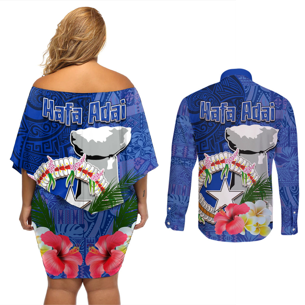 Northern Mariana Islands Hafa Adai Latte Stone Couples Matching Off Shoulder Short Dress and Long Sleeve Button Shirt Blue Color LT03 - Polynesian Pride