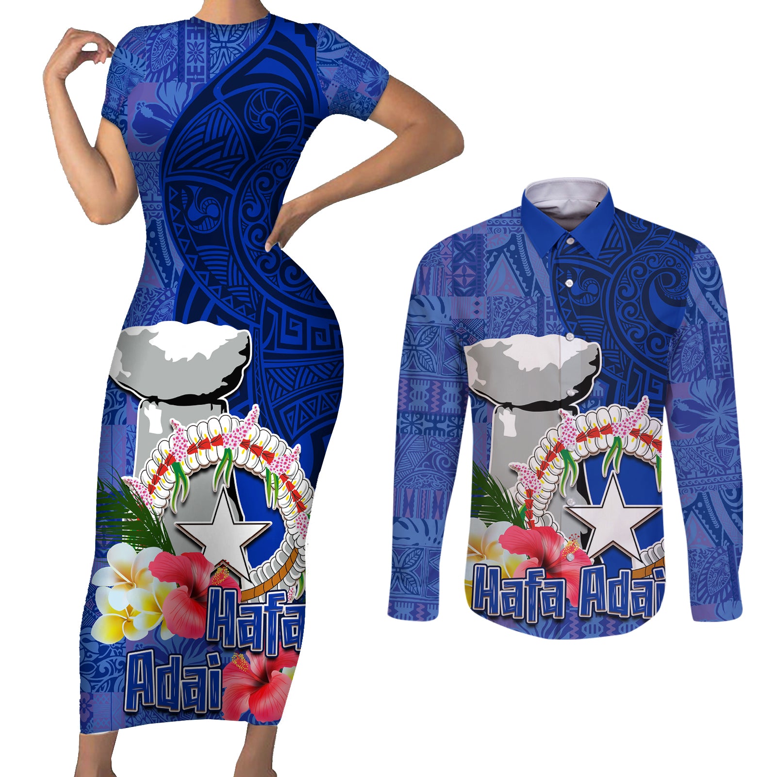 Northern Mariana Islands Hafa Adai Latte Stone Couples Matching Short Sleeve Bodycon Dress and Long Sleeve Button Shirt Blue Color LT03 Blue - Polynesian Pride