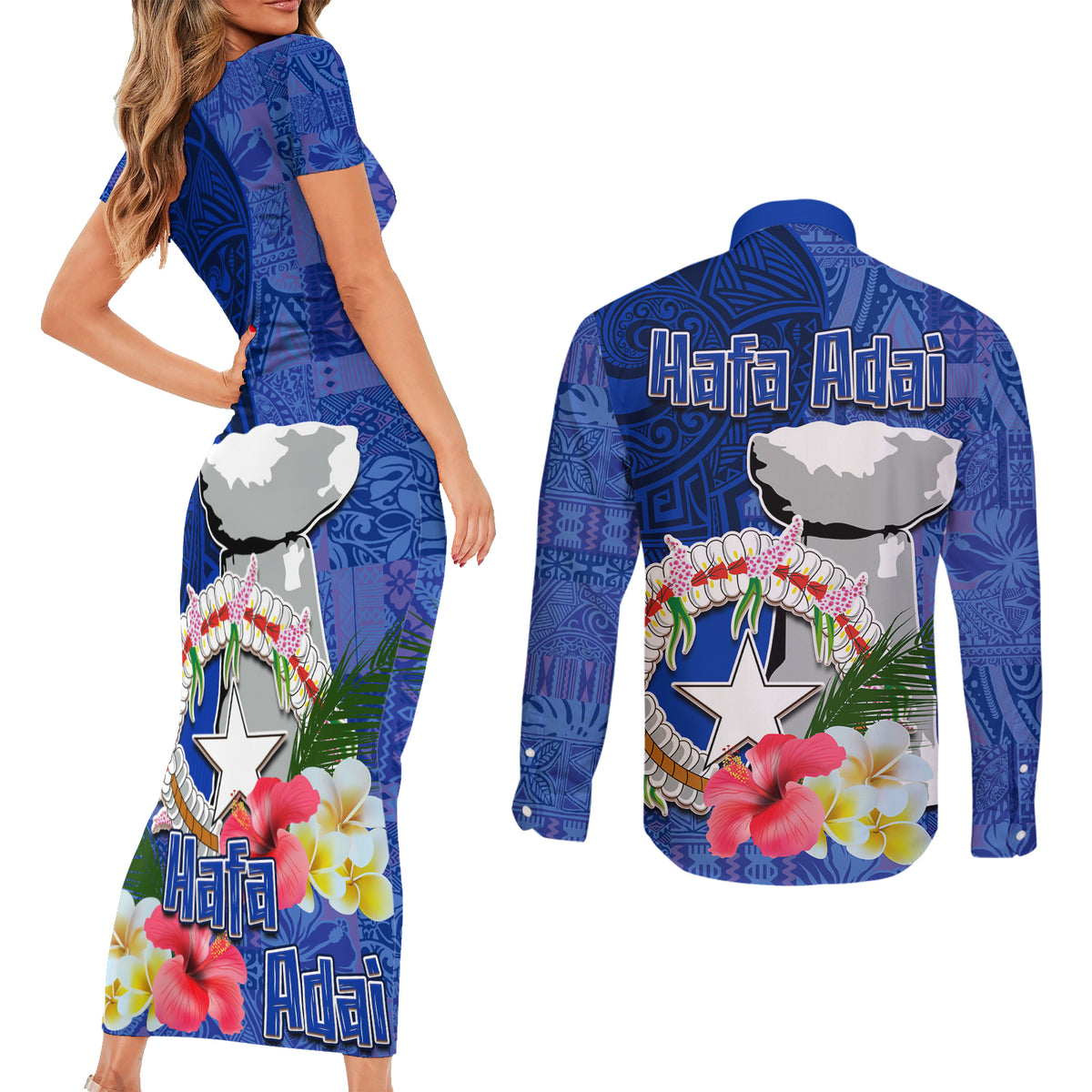 Northern Mariana Islands Hafa Adai Latte Stone Couples Matching Short Sleeve Bodycon Dress and Long Sleeve Button Shirt Blue Color LT03 - Polynesian Pride