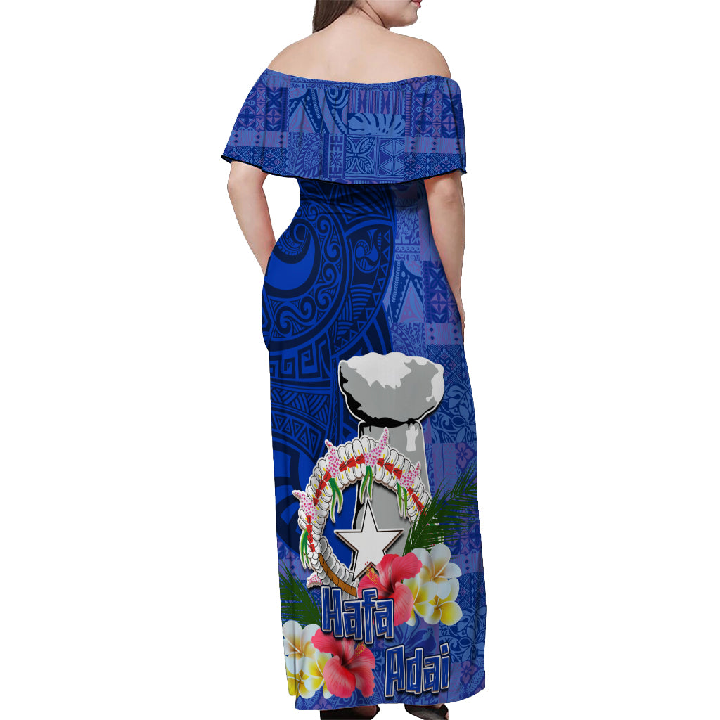 Northern Mariana Islands Hafa Adai Latte Stone Off Shoulder Maxi Dress Blue Color LT03 - Polynesian Pride