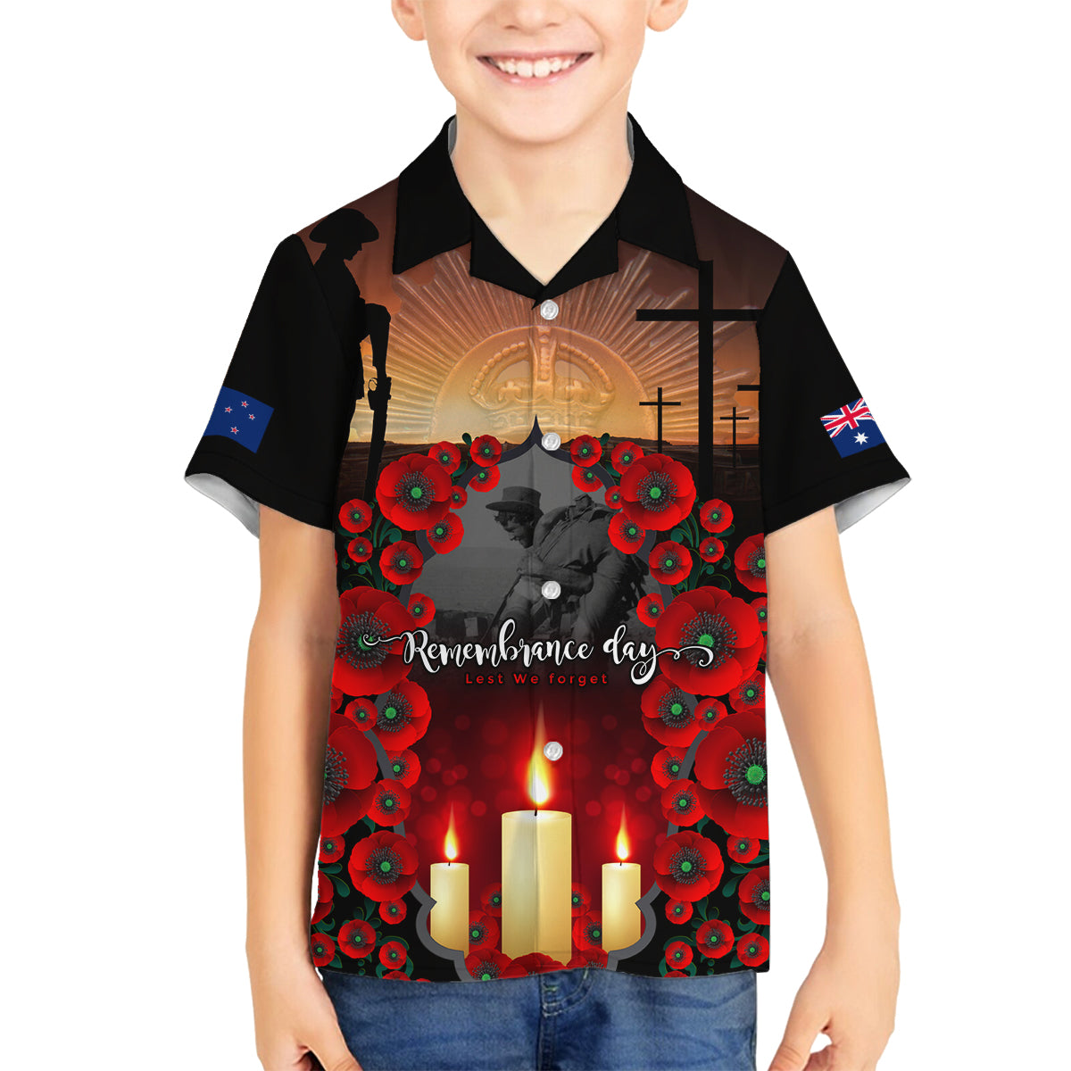 Custom New Zealand and Australia ANZAC Day Family Matching Off Shoulder Long Sleeve Dress and Hawaiian Shirt Gallipoli and Canlelight Lest We Forget LT03 Son's Shirt Black - Polynesian Pride
