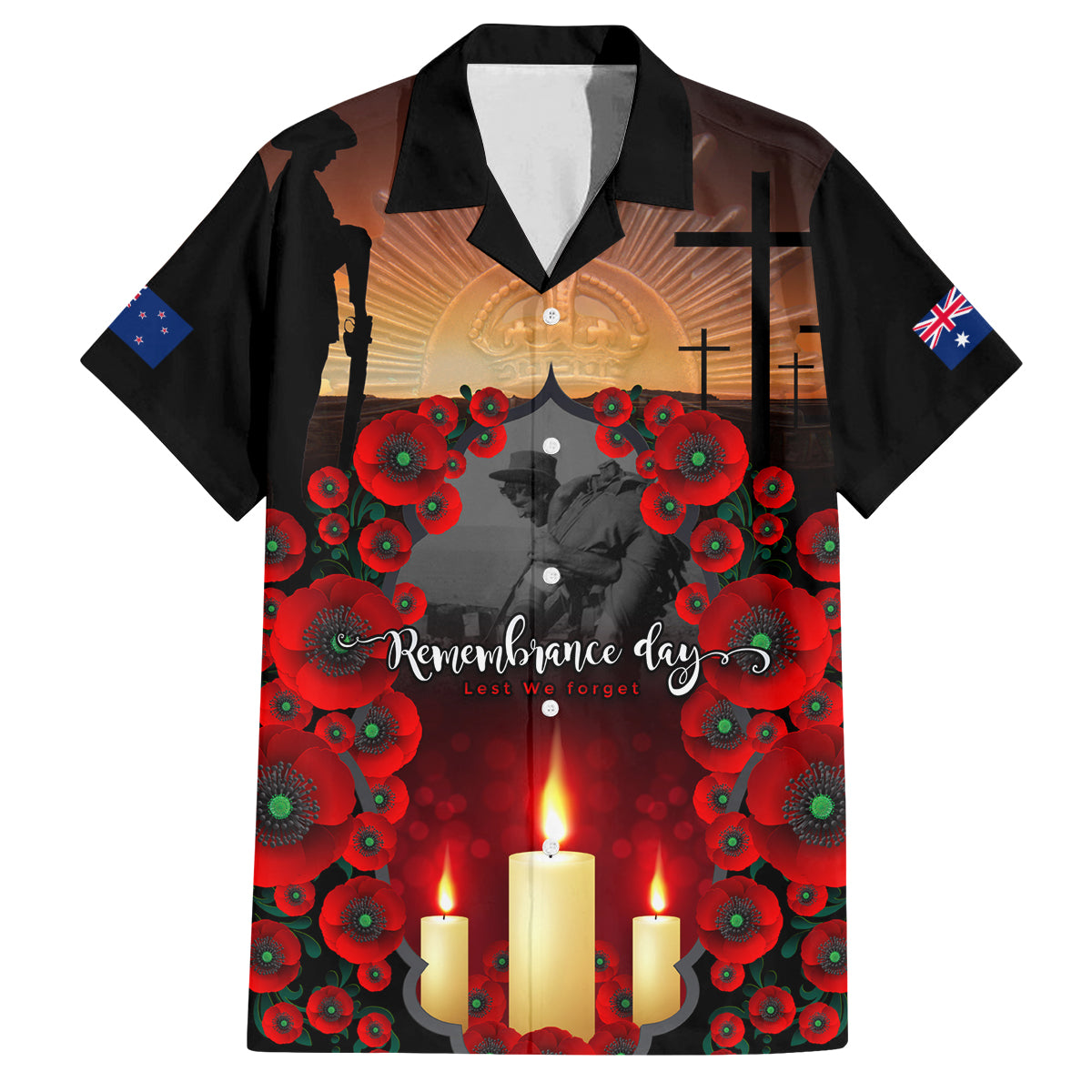 Custom New Zealand and Australia ANZAC Day Family Matching Puletasi and Hawaiian Shirt Gallipoli and Canlelight Lest We Forget LT03 Dad's Shirt - Short Sleeve Black - Polynesian Pride
