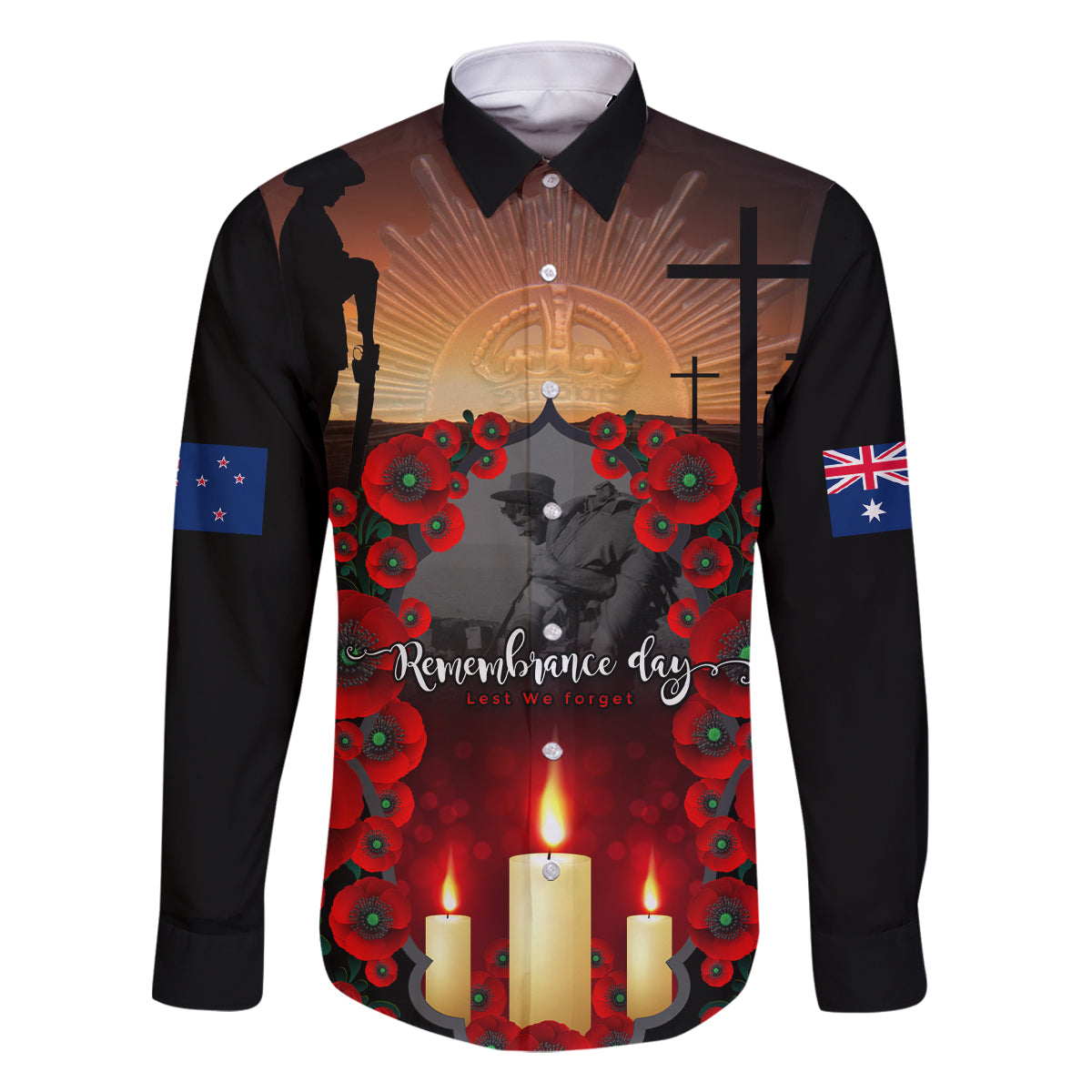 Custom New Zealand and Australia ANZAC Day Family Matching Summer Maxi Dress and Hawaiian Shirt Gallipoli and Canlelight Lest We Forget LT03 Dad's Shirt - Long Sleeve Black - Polynesian Pride