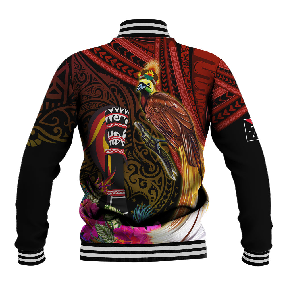 Papua New Guinea Bird-of-Paradise Baseball Jacket Hibiscus and Kundu Drum Tribal Pattern LT03 - Polynesian Pride