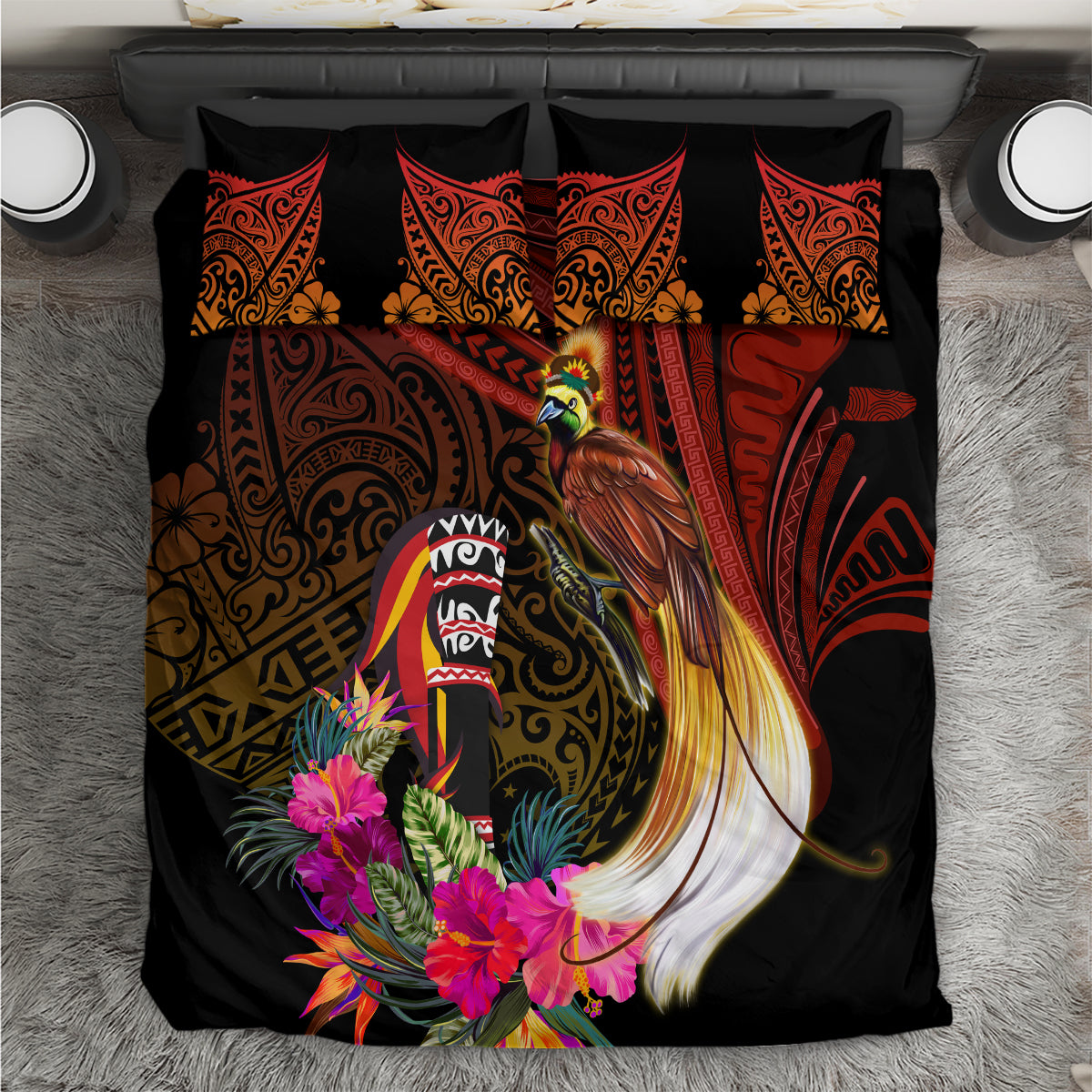 Papua New Guinea Bird-of-Paradise Bedding Set Hibiscus and Kundu Drum Tribal Pattern