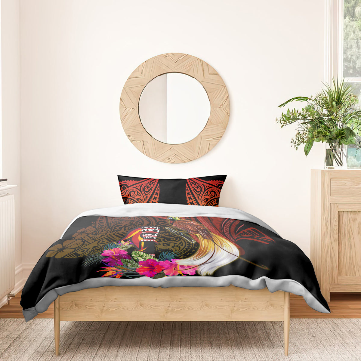 Papua New Guinea Bird-of-Paradise Bedding Set Hibiscus and Kundu Drum Tribal Pattern