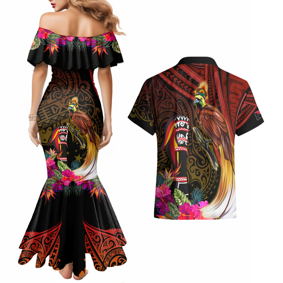 Papua New Guinea Bird-of-Paradise Couples Matching Mermaid Dress and Hawaiian Shirt Hibiscus and Kundu Drum Tribal Pattern LT03 - Polynesian Pride