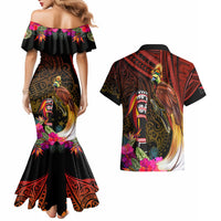 Papua New Guinea Bird-of-Paradise Couples Matching Mermaid Dress and Hawaiian Shirt Hibiscus and Kundu Drum Tribal Pattern LT03 - Polynesian Pride