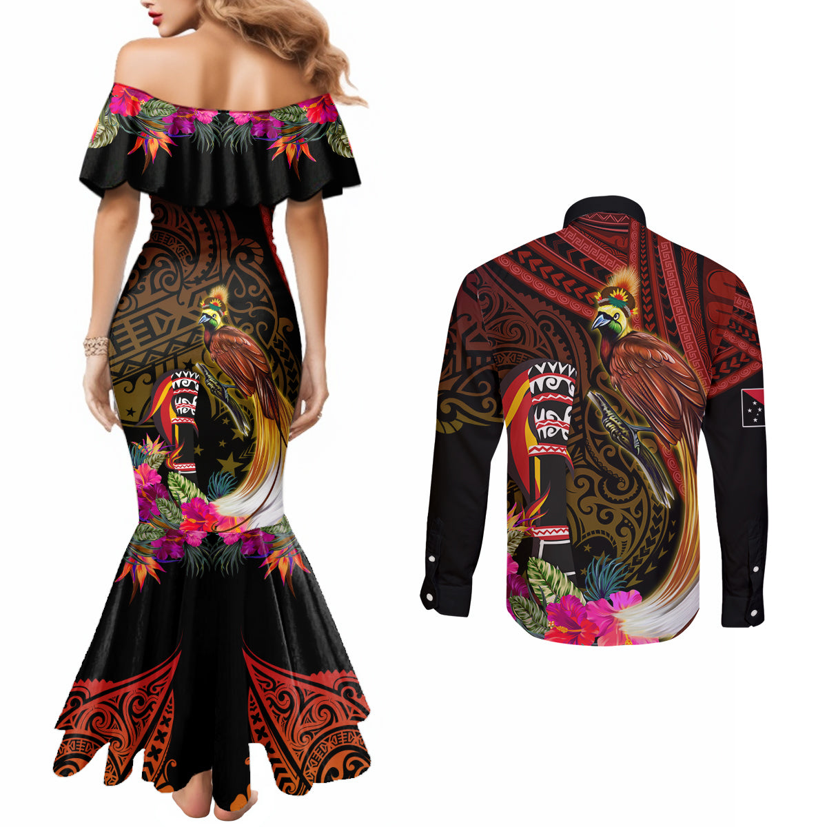 Papua New Guinea Bird-of-Paradise Couples Matching Mermaid Dress and Long Sleeve Button Shirt Hibiscus and Kundu Drum Tribal Pattern LT03 - Polynesian Pride