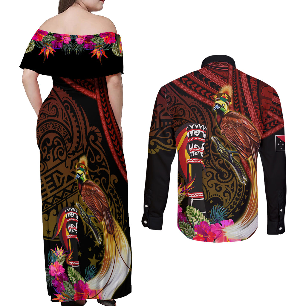 Papua New Guinea Bird-of-Paradise Couples Matching Off Shoulder Maxi Dress and Long Sleeve Button Shirt Hibiscus and Kundu Drum Tribal Pattern LT03 - Polynesian Pride