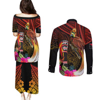 Papua New Guinea Bird-of-Paradise Couples Matching Puletasi and Long Sleeve Button Shirt Hibiscus and Kundu Drum Tribal Pattern LT03 - Polynesian Pride