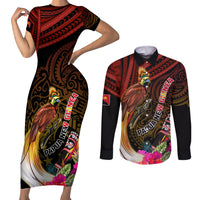 Papua New Guinea Bird-of-Paradise Couples Matching Short Sleeve Bodycon Dress and Long Sleeve Button Shirt Hibiscus and Kundu Drum Tribal Pattern LT03 Yellow - Polynesian Pride