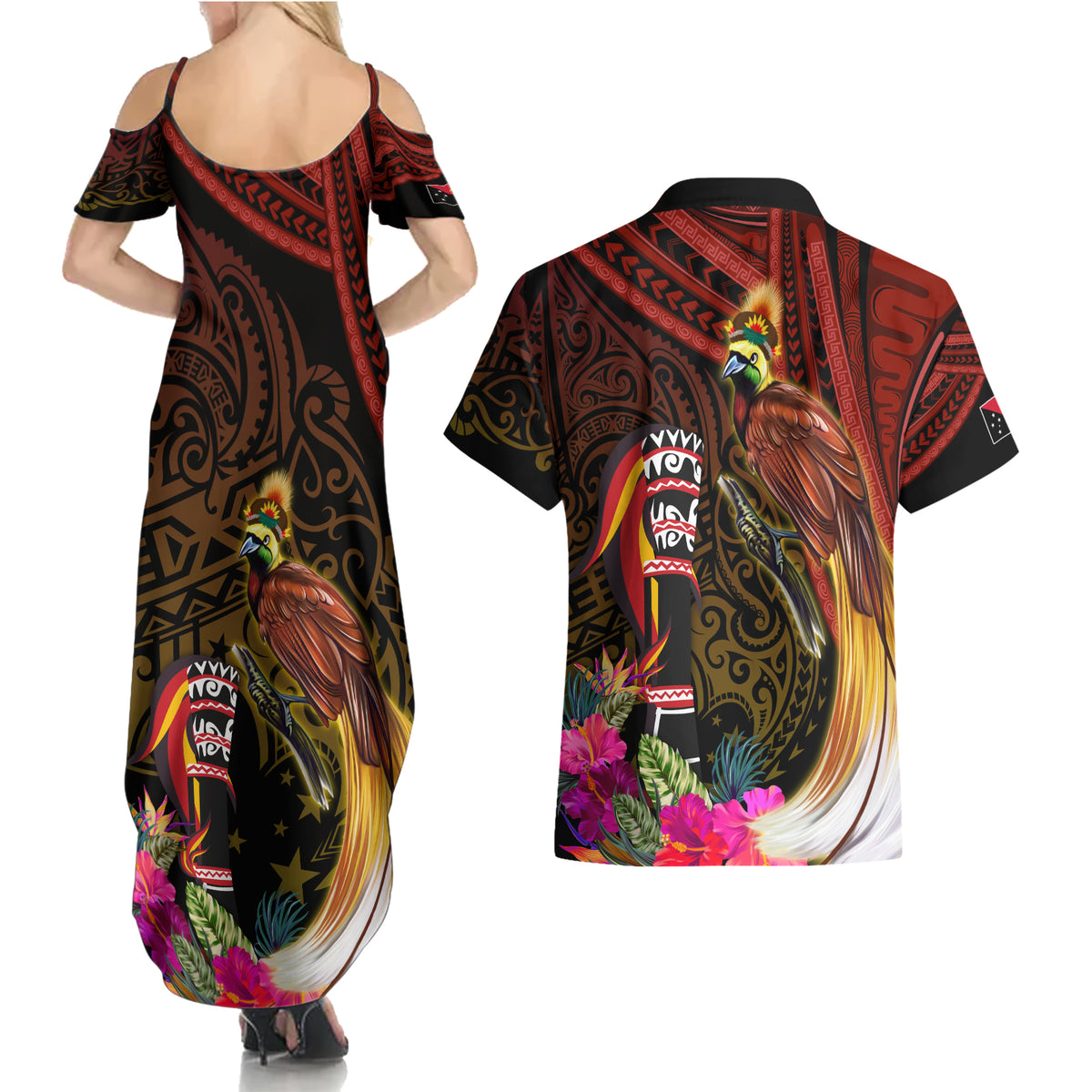 Papua New Guinea Bird-of-Paradise Couples Matching Summer Maxi Dress and Hawaiian Shirt Hibiscus and Kundu Drum Tribal Pattern LT03 - Polynesian Pride