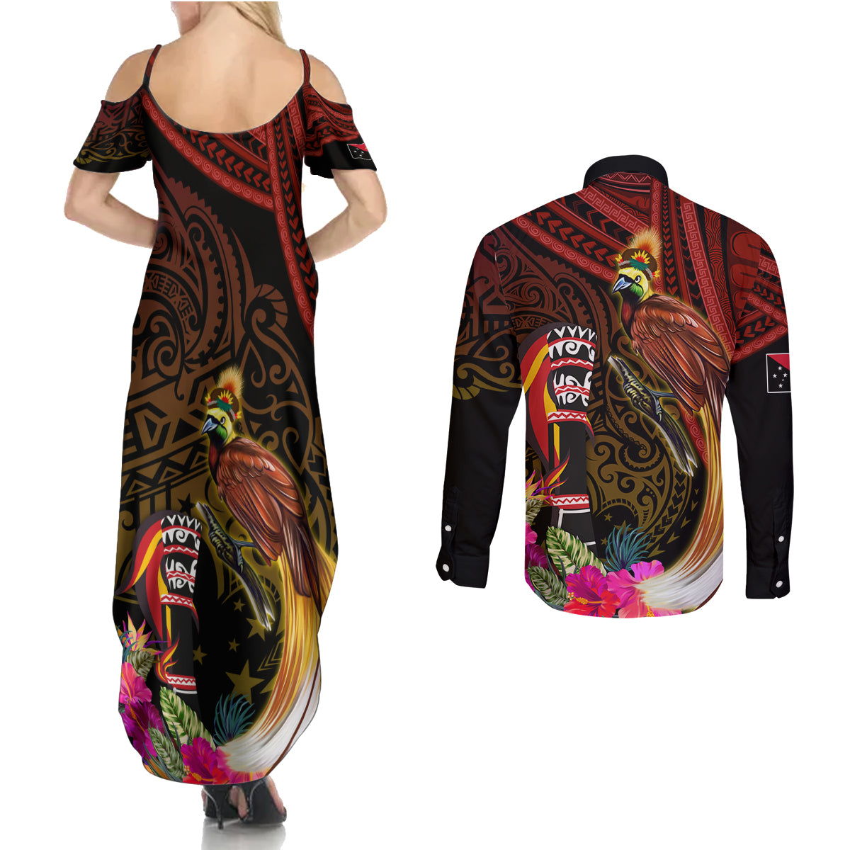 Papua New Guinea Bird-of-Paradise Couples Matching Summer Maxi Dress and Long Sleeve Button Shirt Hibiscus and Kundu Drum Tribal Pattern LT03 - Polynesian Pride