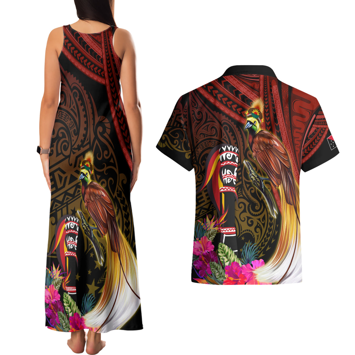 Papua New Guinea Bird-of-Paradise Couples Matching Tank Maxi Dress and Hawaiian Shirt Hibiscus and Kundu Drum Tribal Pattern LT03 - Polynesian Pride