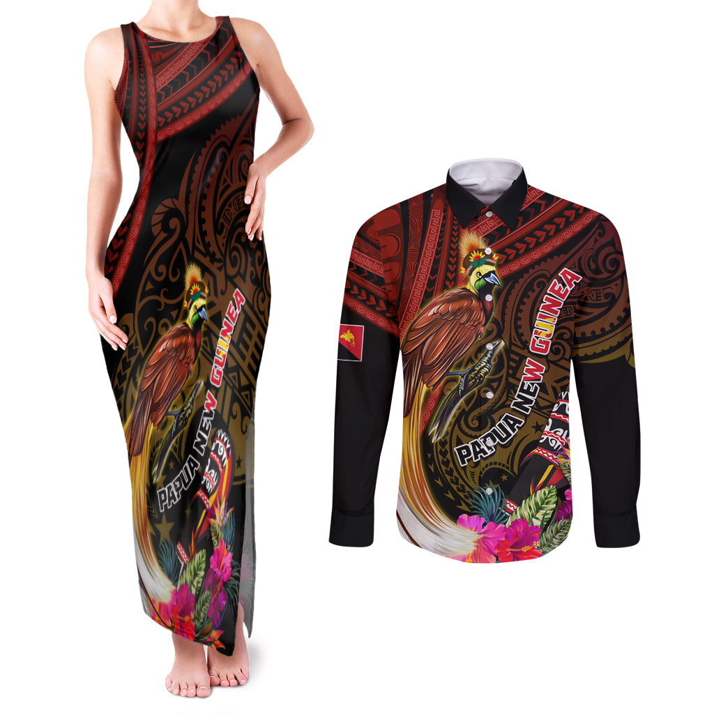 Papua New Guinea Bird-of-Paradise Couples Matching Tank Maxi Dress and Long Sleeve Button Shirt Hibiscus and Kundu Drum Tribal Pattern LT03 Yellow - Polynesian Pride