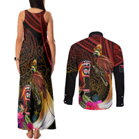 Papua New Guinea Bird-of-Paradise Couples Matching Tank Maxi Dress and Long Sleeve Button Shirt Hibiscus and Kundu Drum Tribal Pattern LT03 - Polynesian Pride