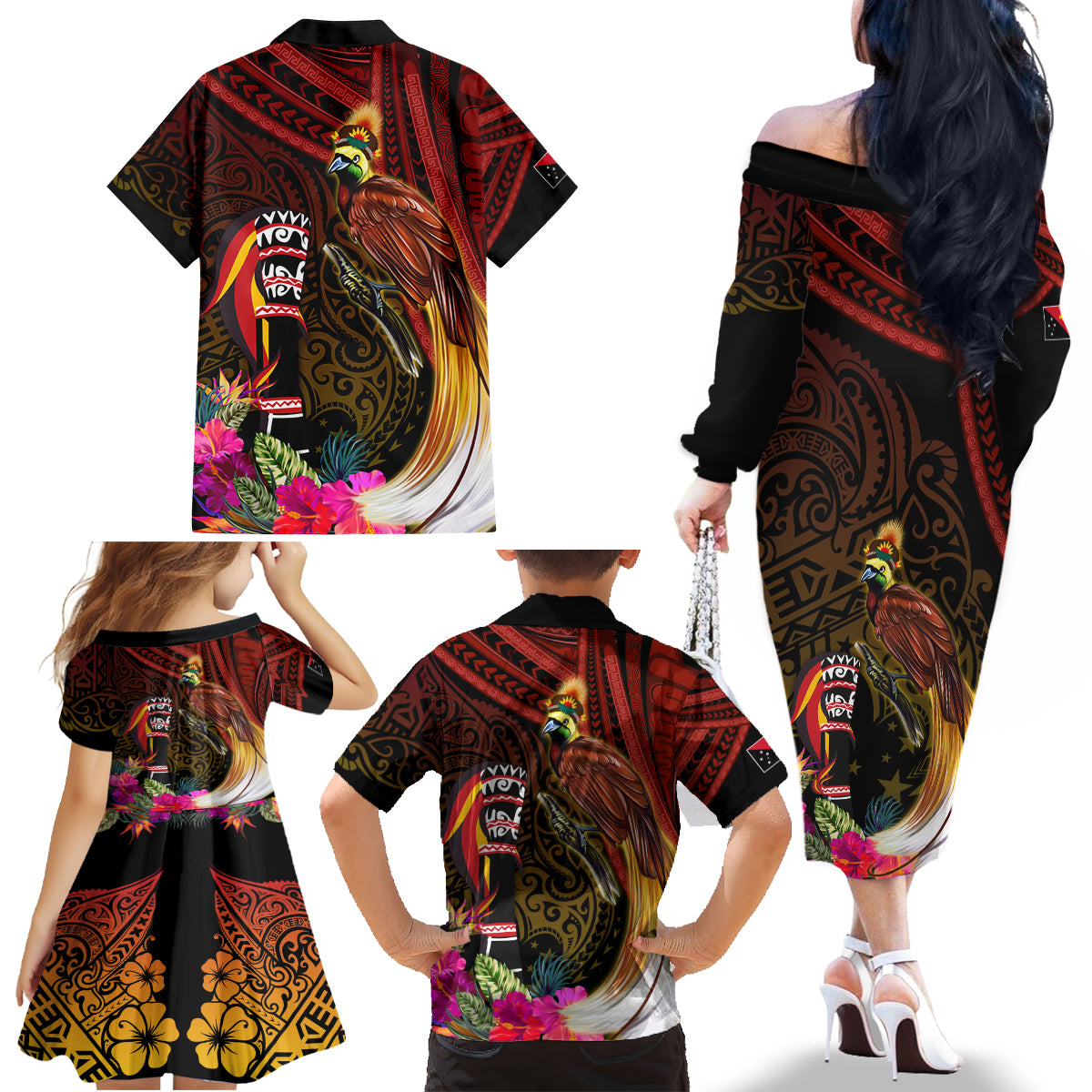 Papua New Guinea Bird-of-Paradise Family Matching Off The Shoulder Long Sleeve Dress and Hawaiian Shirt Hibiscus and Kundu Drum Tribal Pattern LT03 - Polynesian Pride