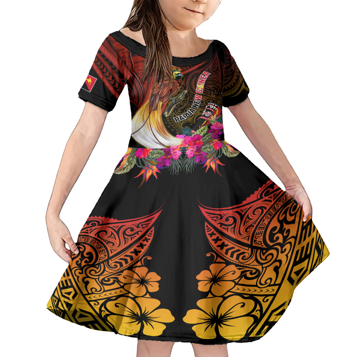 Papua New Guinea Bird-of-Paradise Kid Short Sleeve Dress Hibiscus and Kundu Drum Tribal Pattern LT03 KID Yellow - Polynesian Pride