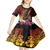 Papua New Guinea Bird-of-Paradise Kid Short Sleeve Dress Hibiscus and Kundu Drum Tribal Pattern LT03 - Polynesian Pride