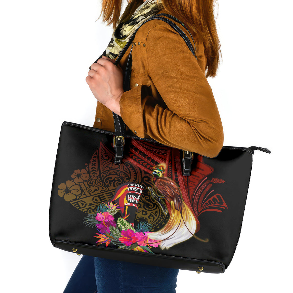 Papua New Guinea Bird-of-Paradise Leather Tote Bag Hibiscus and Kundu Drum Tribal Pattern