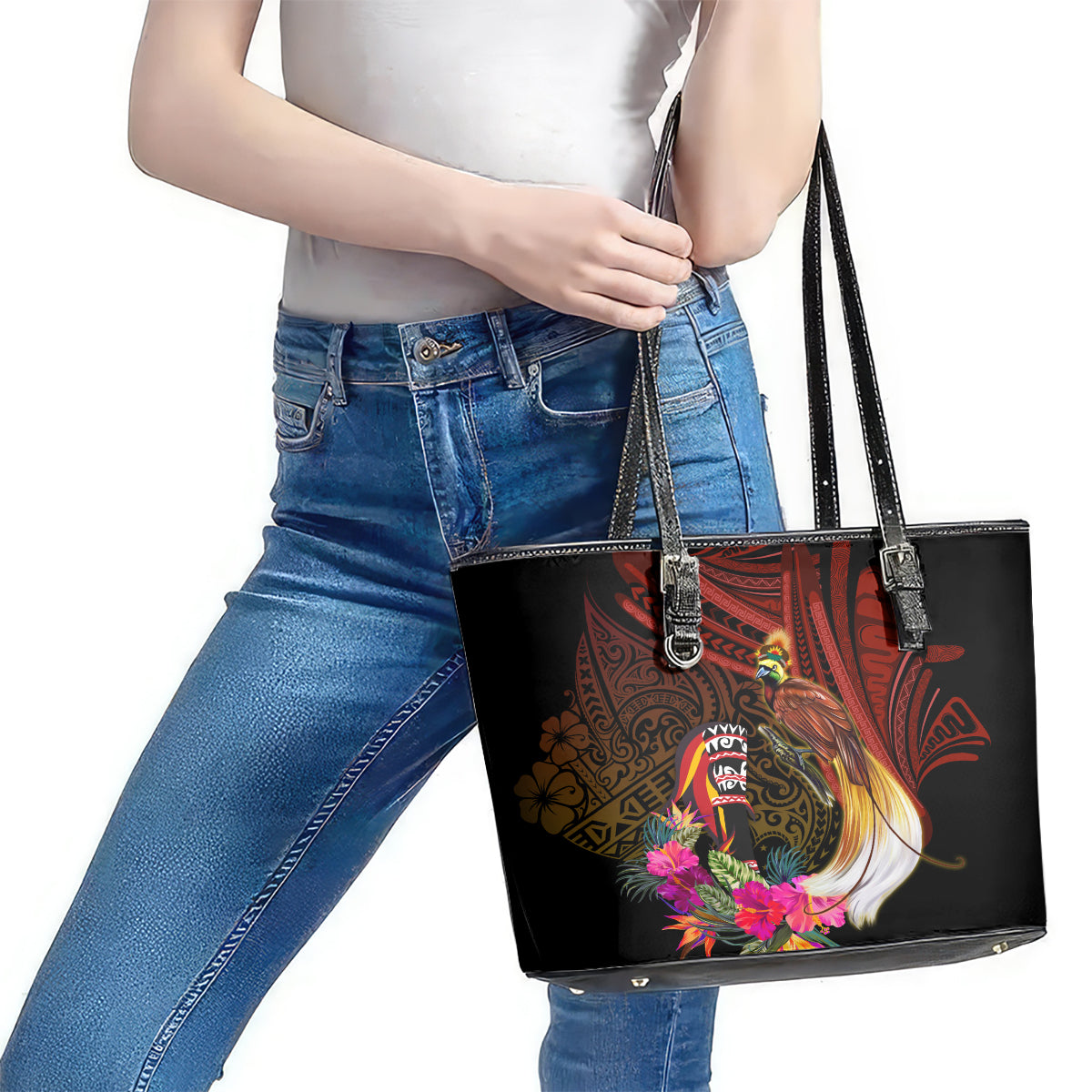 Papua New Guinea Bird-of-Paradise Leather Tote Bag Hibiscus and Kundu Drum Tribal Pattern