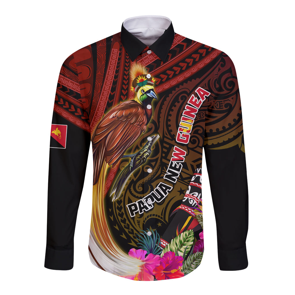 Papua New Guinea Bird-of-Paradise Long Sleeve Button Shirt Hibiscus and Kundu Drum Tribal Pattern LT03 Unisex Yellow - Polynesian Pride