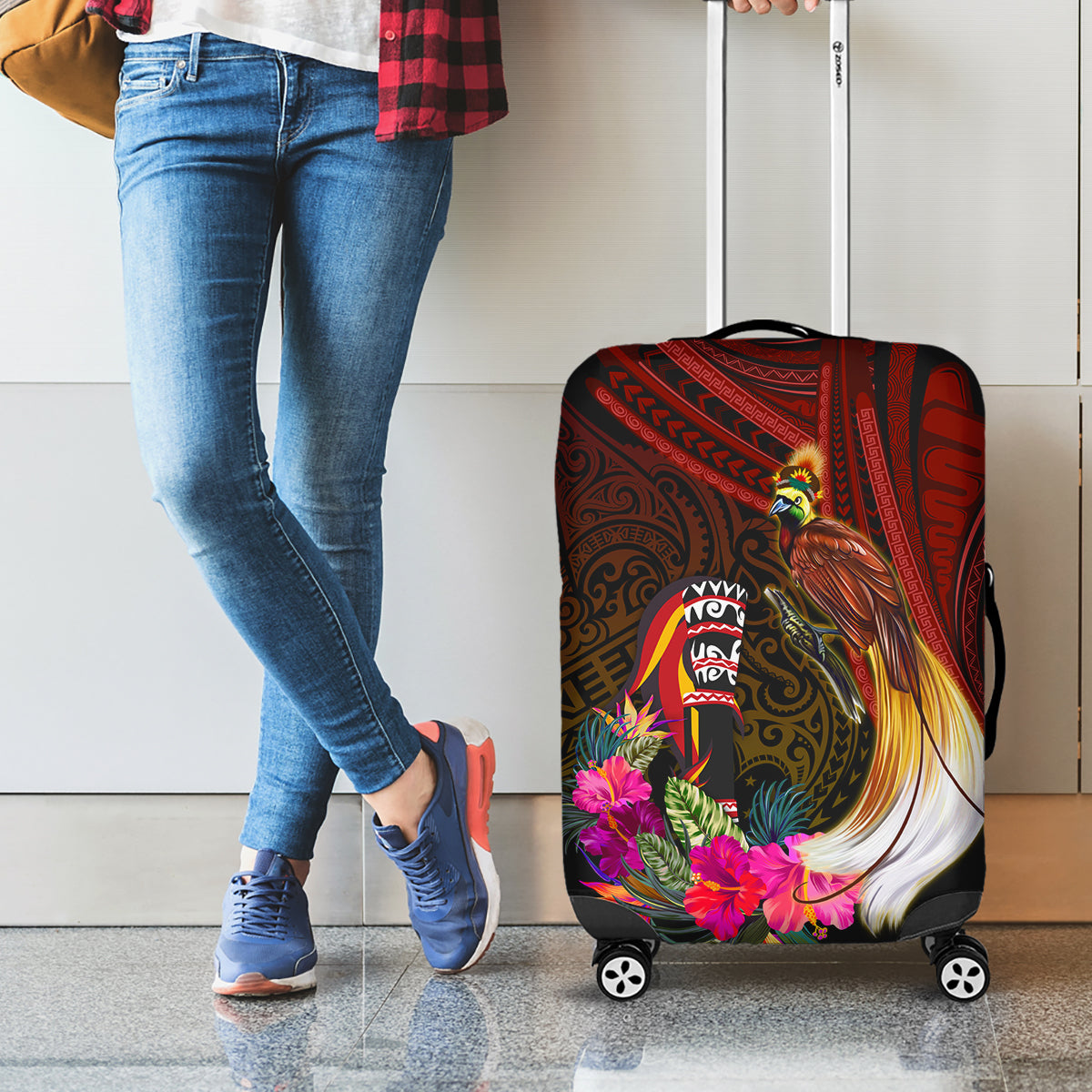 Papua New Guinea Bird-of-Paradise Luggage Cover Hibiscus and Kundu Drum Tribal Pattern