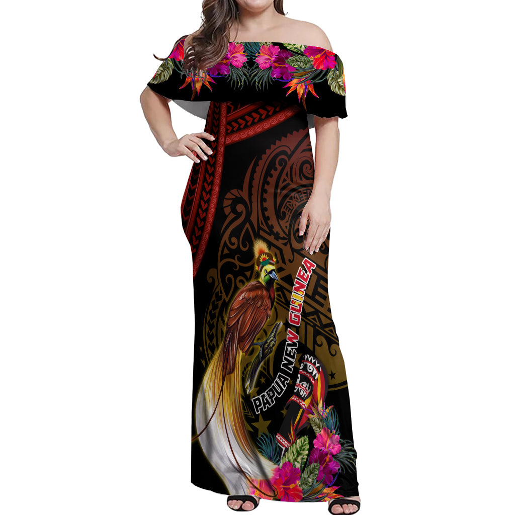 Papua New Guinea Bird-of-Paradise Off Shoulder Maxi Dress Hibiscus and Kundu Drum Tribal Pattern LT03 Women Yellow - Polynesian Pride