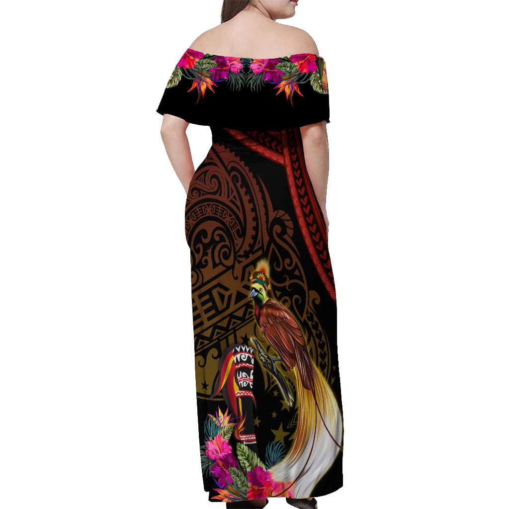 Papua New Guinea Bird-of-Paradise Off Shoulder Maxi Dress Hibiscus and Kundu Drum Tribal Pattern LT03 - Polynesian Pride