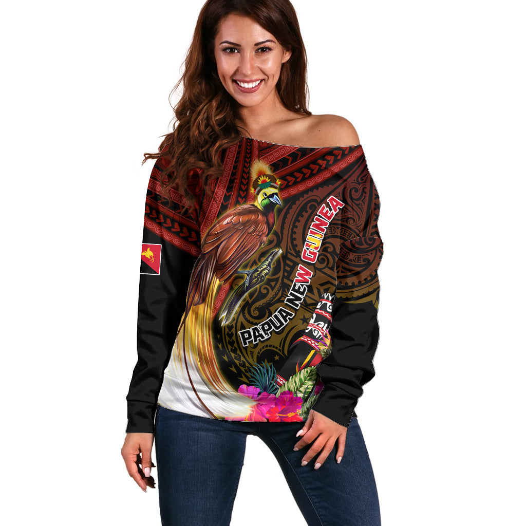 Papua New Guinea Bird-of-Paradise Off Shoulder Sweater Hibiscus and Kundu Drum Tribal Pattern LT03 Women Yellow - Polynesian Pride