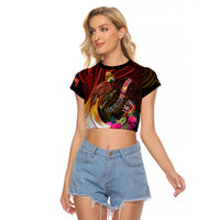 Papua New Guinea Bird-of-Paradise Raglan Cropped T Shirt Hibiscus and Kundu Drum Tribal Pattern LT03 Female Yellow - Polynesian Pride