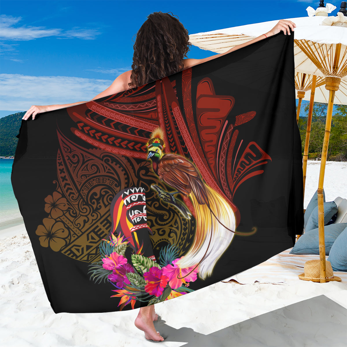 Papua New Guinea Bird-of-Paradise Sarong Hibiscus and Kundu Drum Tribal Pattern