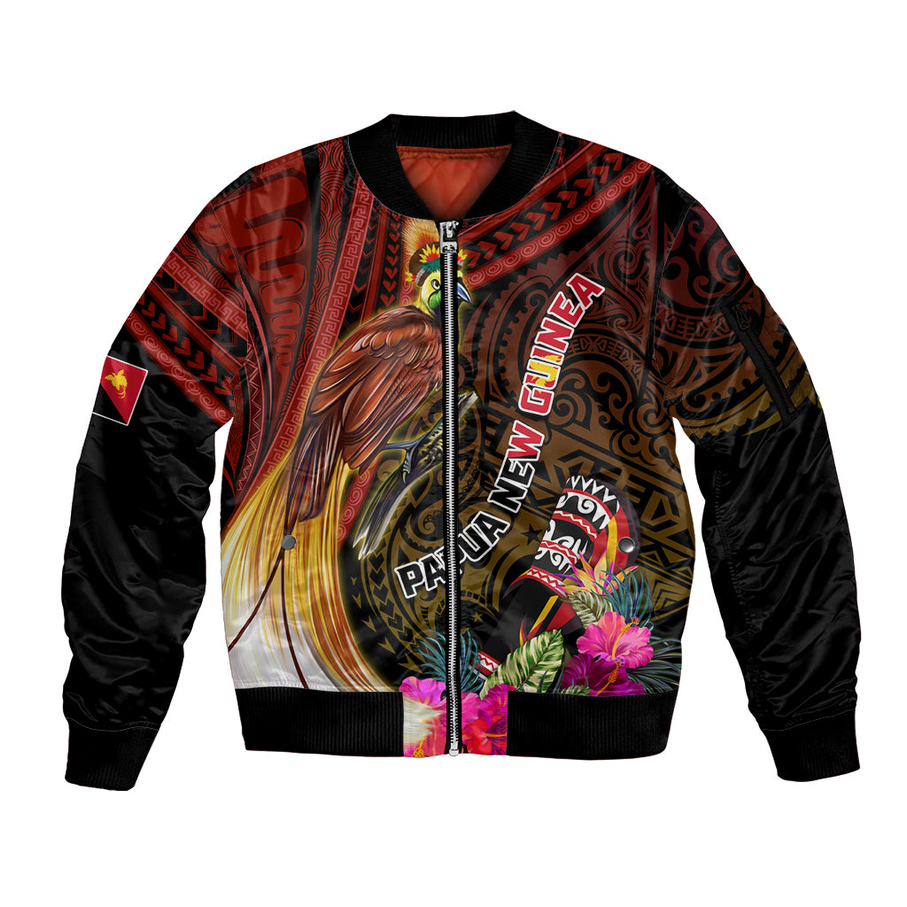Papua New Guinea Bird-of-Paradise Sleeve Zip Bomber Jacket Hibiscus and Kundu Drum Tribal Pattern LT03 Unisex Yellow - Polynesian Pride