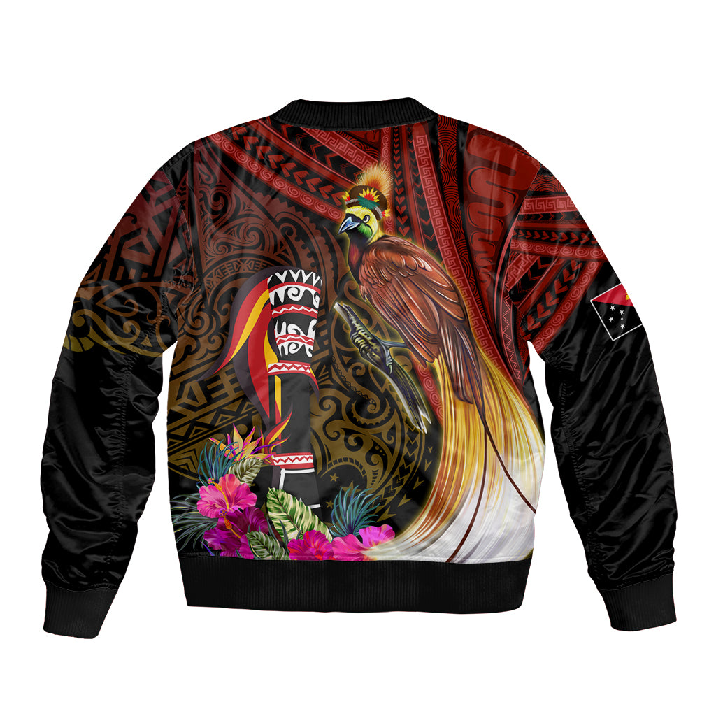 Papua New Guinea Bird-of-Paradise Sleeve Zip Bomber Jacket Hibiscus and Kundu Drum Tribal Pattern LT03 - Polynesian Pride