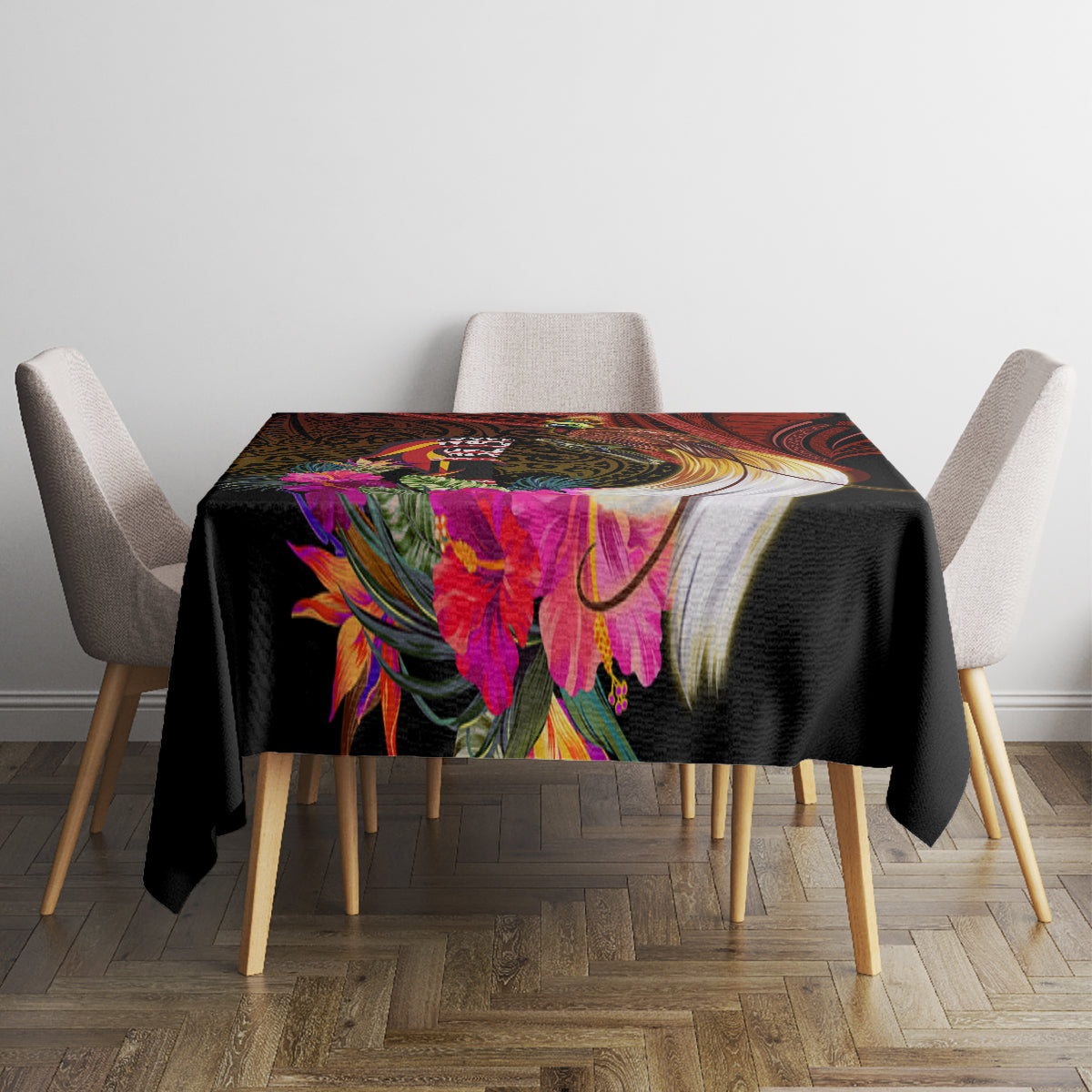 Papua New Guinea Bird-of-Paradise Tablecloth Hibiscus and Kundu Drum Tribal Pattern