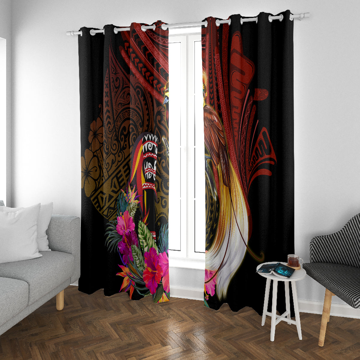Papua New Guinea Bird-of-Paradise Window Curtain Hibiscus and Kundu Drum Tribal Pattern