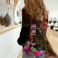 Papua New Guinea Bird-of-Paradise Women Casual Shirt Hibiscus and Kundu Drum Tribal Pattern LT03 - Polynesian Pride