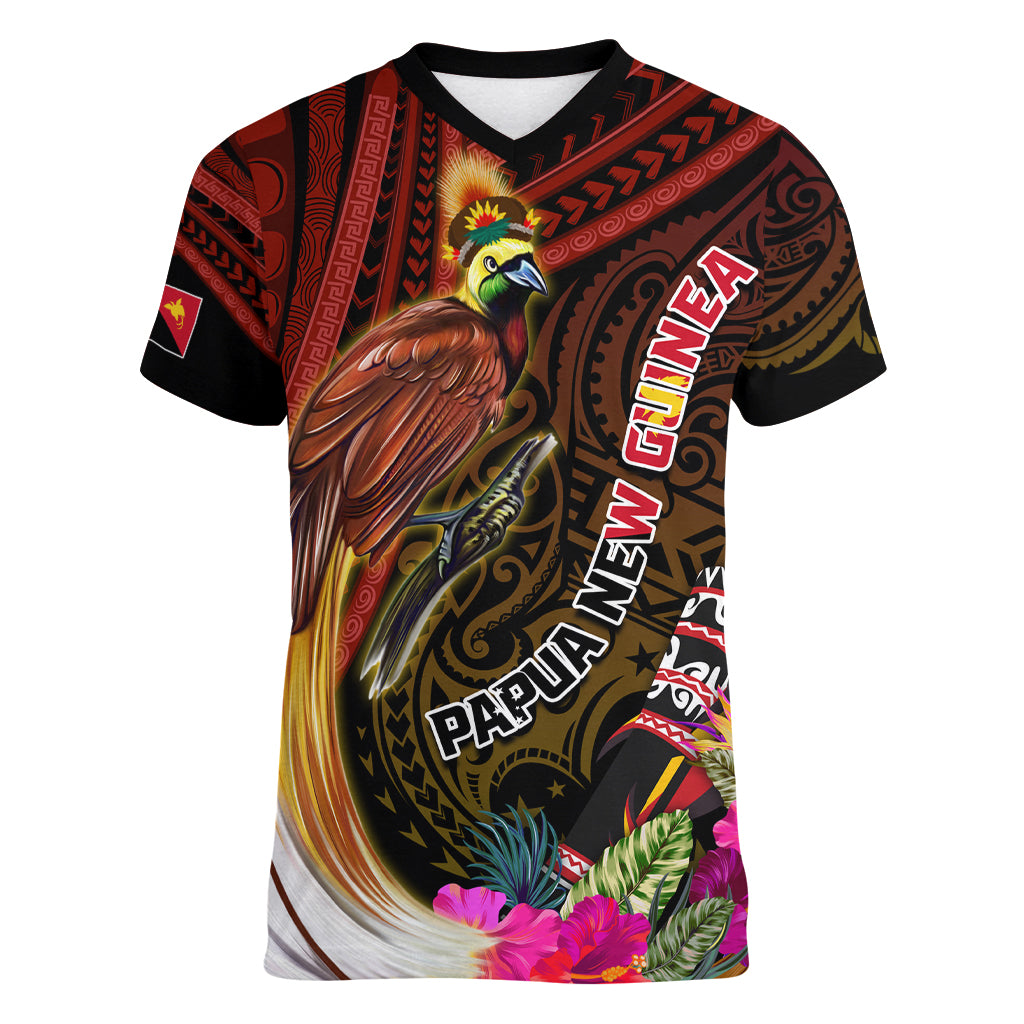 Papua New Guinea Bird-of-Paradise Women V Neck T Shirt Hibiscus and Kundu Drum Tribal Pattern LT03 Female Yellow - Polynesian Pride
