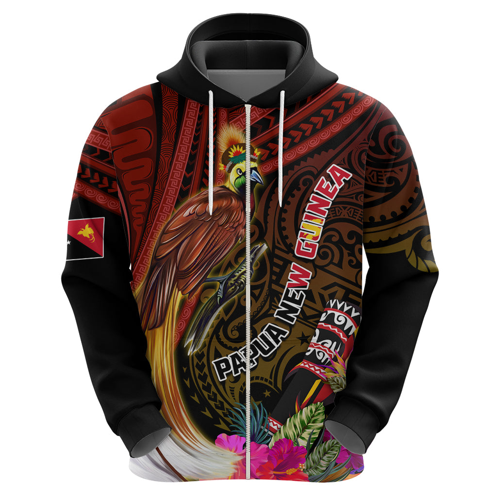 Papua New Guinea Bird-of-Paradise Zip Hoodie Hibiscus and Kundu Drum Tribal Pattern LT03 - Polynesian Pride