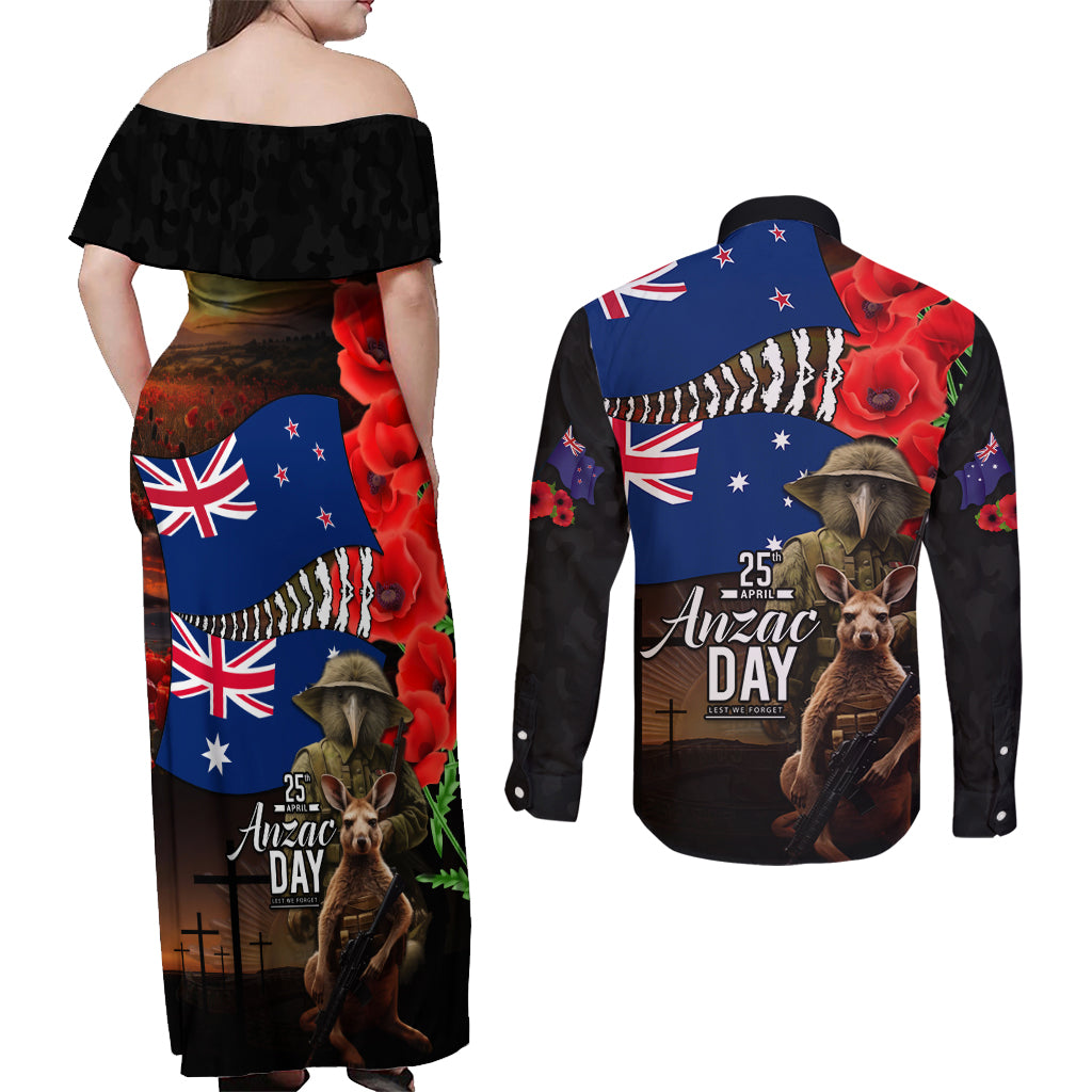 New Zealand and Australia ANZAC Day Couples Matching Off Shoulder Maxi Dress and Long Sleeve Button Shirt National Flag mix Kiwi Bird and Kangaroo Soldier Style LT03 - Polynesian Pride