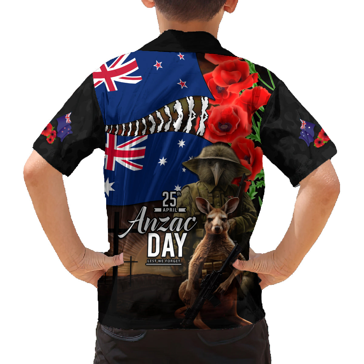 New Zealand and Australia ANZAC Day Family Matching Off Shoulder Short Dress and Hawaiian Shirt National Flag mix Kiwi Bird and Kangaroo Soldier Style LT03 - Polynesian Pride