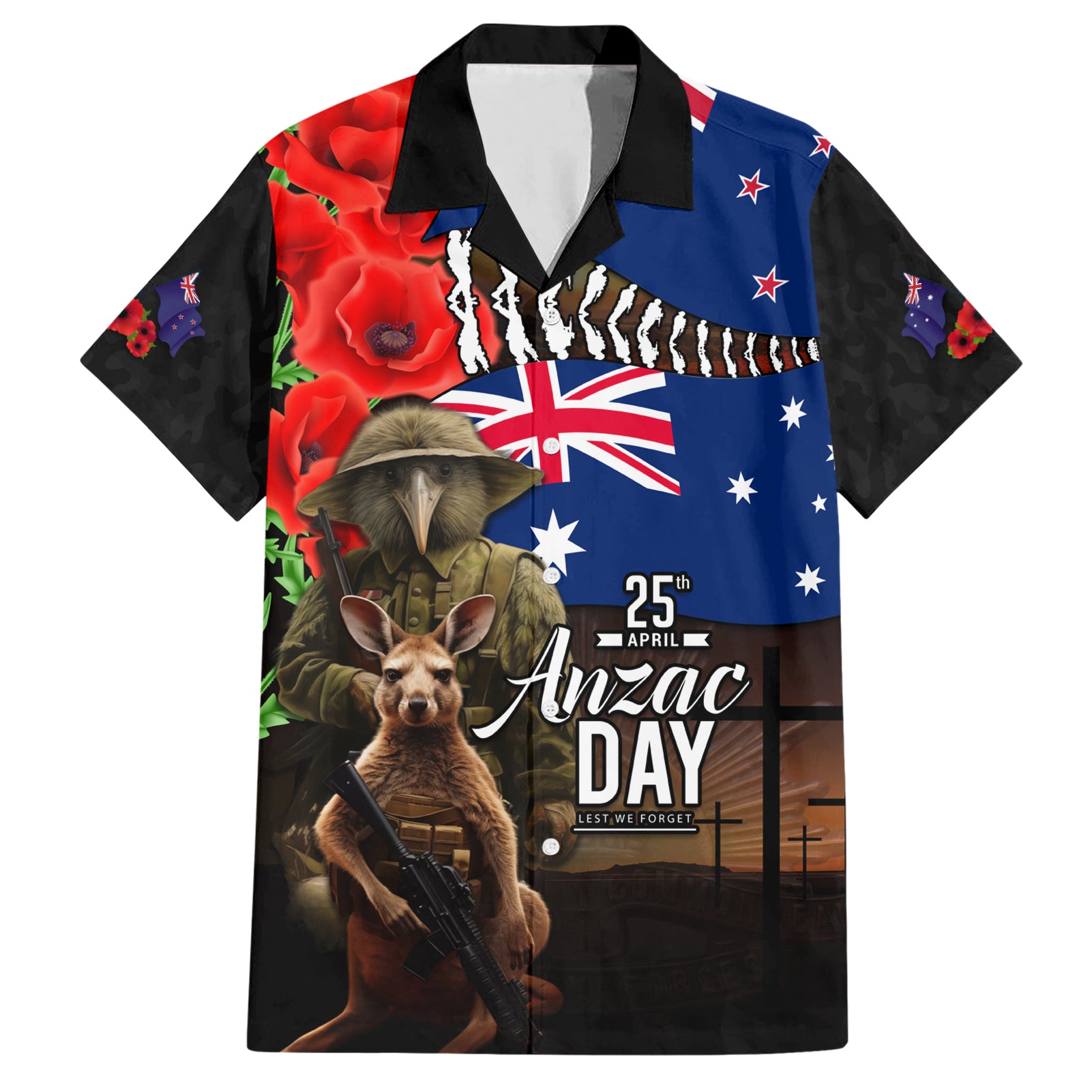 New Zealand and Australia ANZAC Day Hawaiian Shirt National Flag mix Kiwi Bird and Kangaroo Soldier Style LT03 Black - Polynesian Pride