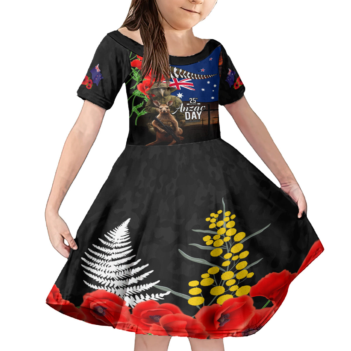 New Zealand and Australia ANZAC Day Kid Short Sleeve Dress National Flag mix Kiwi Bird and Kangaroo Soldier Style LT03 KID Black - Polynesian Pride