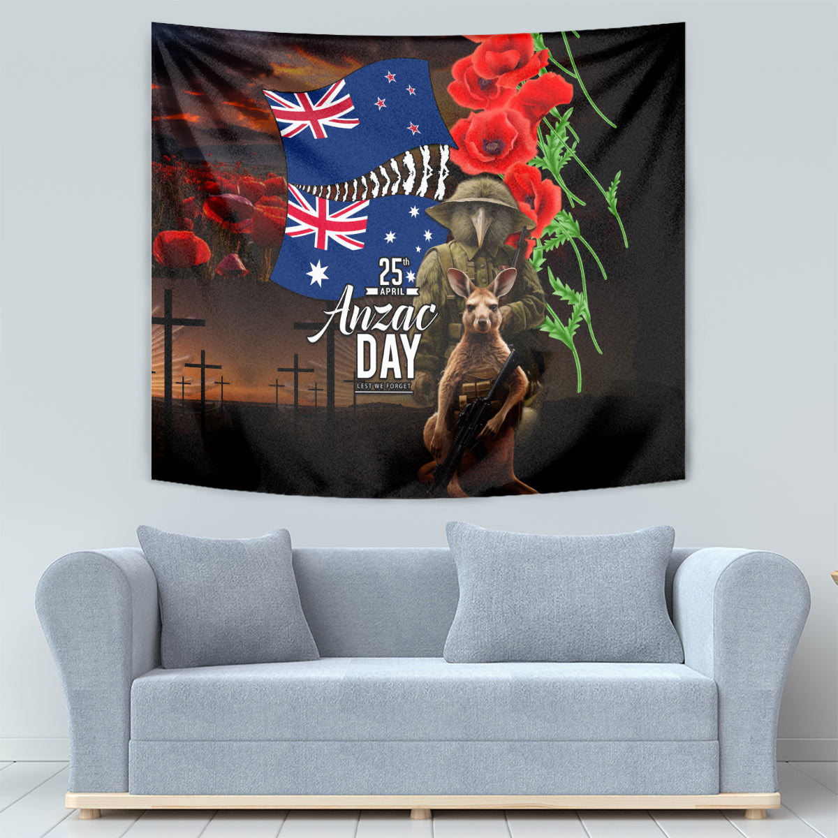 New Zealand and Australia ANZAC Day Tapestry National Flag mix Kiwi Bird and Kangaroo Soldier Style